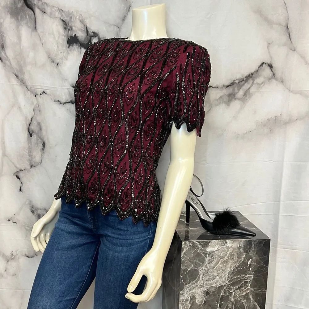 *Maroon and black beaded sequence evening top brand stenay